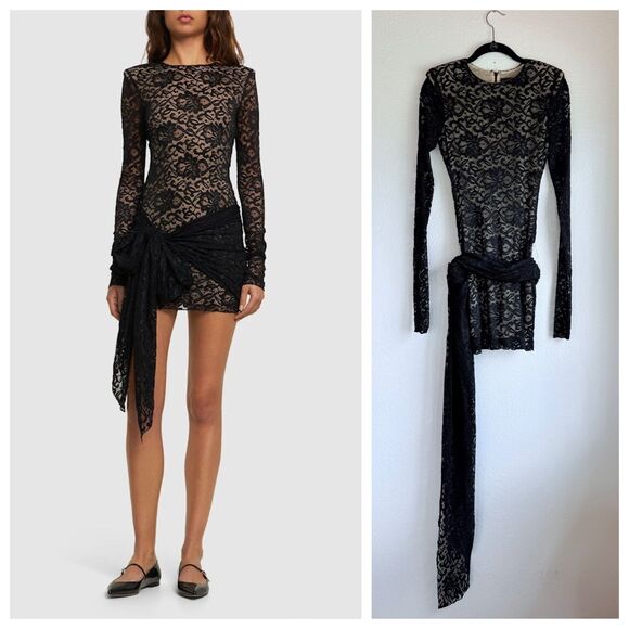 NWOT Rotate Illusion Lace Self Tie Long Sleeve Bodycon Mini Dress in Black Sz 4 - Picture 1 of 16